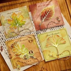 Autumn Leaves Metallic Bookmark w/Fall leaves & acorn charm chain (Set of 4)
